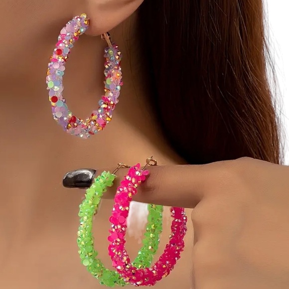 Pink Sequin with Silver Flecks Large Hoop Earrings - Picture 3 of 6